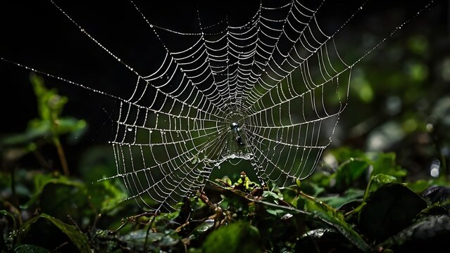 Close-up of a spider weaving a web with dew drops glistening in morning light.