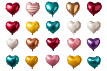Heart shaped balloons in various colors, romance theme, cut out transparent