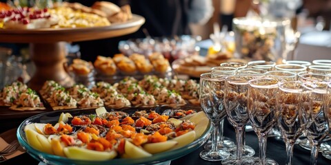 A display of delectable pastries and fruits on a buffet table.