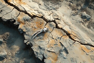 A bleached animal bone rests on cracked, dry earth, showing the effects of drought and aridity.
