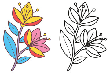 Delightful Colorful Flowers and Their Line Art Counterpart A Charming Illustration for Coloring Pages or Creative Projects
