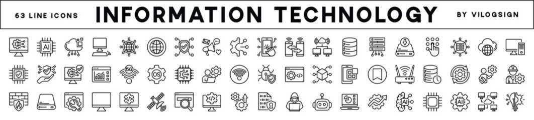 Information digital technology thin line icon set. Contains computer, network, web, cyber security, communication, connection, datum, AI, device, server, internet, code, app, machine learning vector