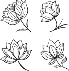 Vector illustration of four black and white lotus flowers accompanied by leaves, forming a logo icon set