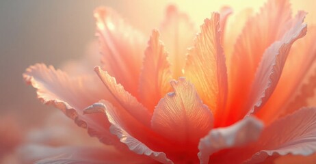 Fototapeta premium Softly glowing flower petals create a serene atmosphere in warm light during early morning hours near a tranquil garden