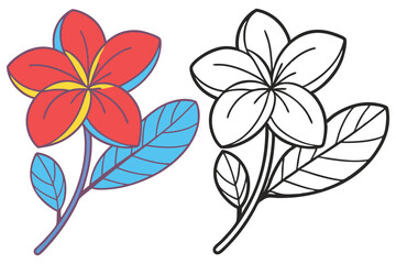 Beautiful Plumeria Flower Illustration with Coloring Page Red and Yellow Flower with Blue Leaves