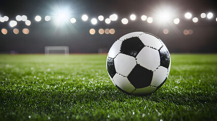 Fototapeta premium Soccer Ball on a Stadium Field at Night