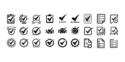 black check mark icon set isolated on white background. circle tick approved symbol. Inspection Icons - Classic Line Series Approval check icon isolated, set quality sign, green tick – stock vector Ch