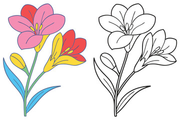 Colorful Flower Illustration with Line Art Version for Coloring Book Pages