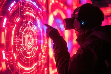 Person Engaged with Virtual Reality Technology in Colorful Setting