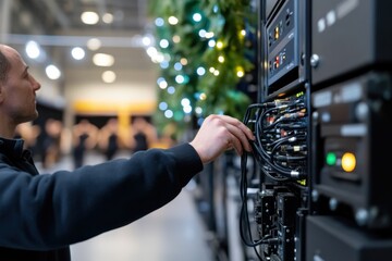 A technician focuses on adjusting audio visual equipment, ensuring high-quality sound and visuals for an upcoming event, highlighting their expertise in the technical setup.