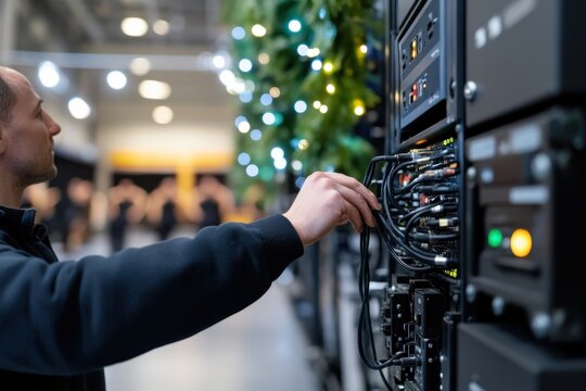 A technician focuses on adjusting audio visual equipment, ensuring high-quality sound and visuals for an upcoming event, highlighting their expertise in the technical setup.