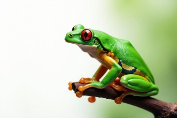 Obraz premium Green tree frog perched on white, vibrant color , vibrant, perched, frog