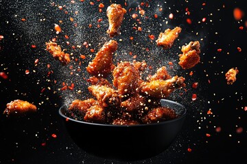 Commercial photography, KFC-style hot wings explosion with sauce and chili seeds flying around, black background.