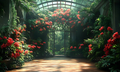 Obraz premium Sunlit conservatory path, vibrant red flowers, lush greenery, arched gateway to tranquil garden