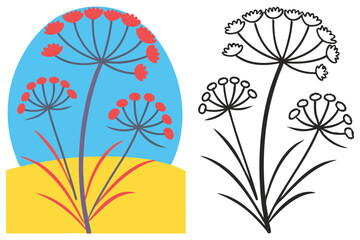 Colorful Illustration of Wildflowers with Red Blooms and Outline Drawing