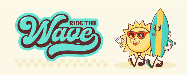 Summer Mood Surfing Retro Cartoon Groovy Characters Banner. Cute Funny Flip Flops Slipper with Surf Board Illustration. Beach Vacation Personage Walking Smiling Vintage Vector Drawing Poster Isolated