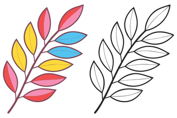 Colorful Branch with Leaves and a Black and White Outline for Coloring