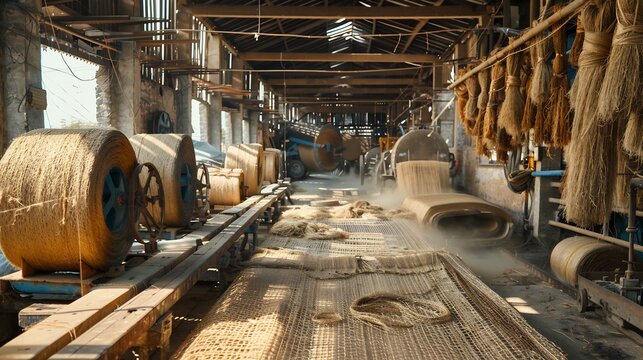 Indian jute farm where automated retting tanks and fiber extraction units efficiently transform fresh jute plants into durable biodegradable fabric