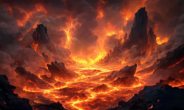 Fiery landscape; lava flows, cliffs, and stormy skies converge in a dramatic hellscape