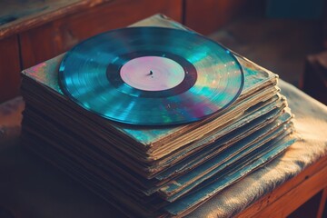 Fototapeta premium A vintage vinyl record rests atop a stack of other records, showcasing a nostalgic collection of music.