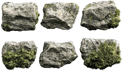 Mossy stone vector backgrounds, transparent cut out PNG file, realistic nature rock texture, isolated moss-covered stone, decorative element, green stone surface, 3D rock clipart
