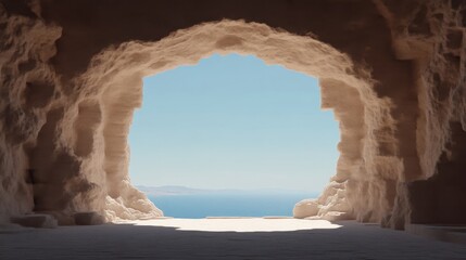 Cave opening to a clear blue sky and ocean vista.  A sunlit, earthy-toned cave entrance leads to a serene ocean view