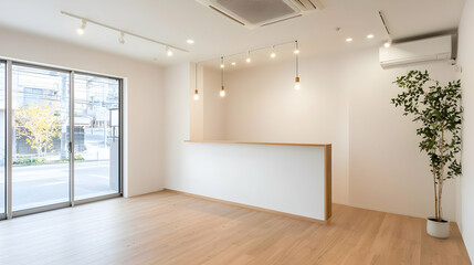 Obraz premium Modern Interior Empty Room With White Walls Wooden Floor And Large Window Showing Green Foliage