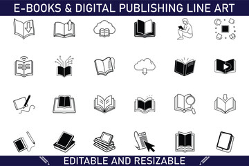 Ebooks, Digital Publishing, Line Art Icons, Editable, Resizable, Books, Reading, Cloud, Download, Up