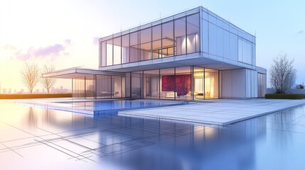 Obraz premium A modern architectural rendering of a contemporary home with a pool