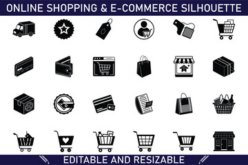 Ecommerce, Online Shopping, Silhouette Icons, Retail, Delivery, Cart, Payment, Shopping Bag, Store, 