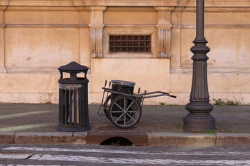 Rome Street View with Litter Bin and Street Cleaning Cart, Italy