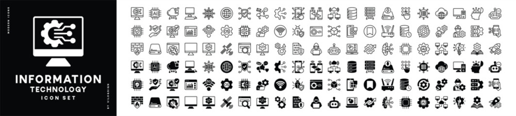 Information digital technology icon set. Containing computer, network, web, cyber security, communication, connection, datum, AI, device, server, internet, code, app, machine learning vector