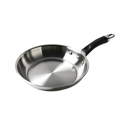 A stainless steel frying pan with a black handle, clean and shiny