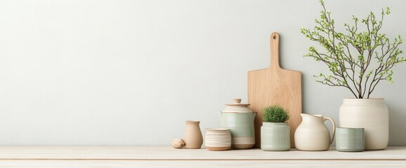 Naklejka premium Rustic kitchen still life. Earthy tones, natural wood, and simple pottery create a serene and minimalist scene