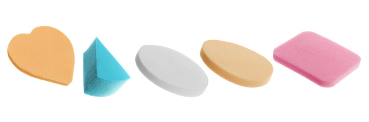 Set beauty blender, colorful cosmetic makeup applicator sponge tools flying, isolated on white background, clipping path, 