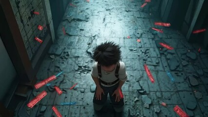 AI-generated animation of a futuristic cyberpunk warrior standing in the rain, exuding a dark and intense sci-fi atmosphere, perfect for action and dystopian themes. - Powered by Adobe