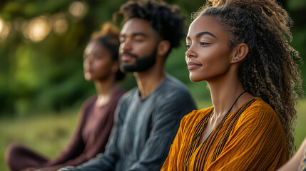 Yoga Retreat, Group of People Practicing Meditation and Mindfulness in the Open Air, with Space for Text