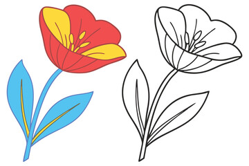 Colorful Flower Illustration with Outline Drawing Simple Floral Design for Coloring Book Pages