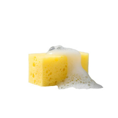 A yellow sponge with soap suds on top, ready for cleaning