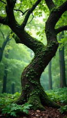 Obraz premium Twisted branches of an oak tree tangled with ferns, foliage, forest, wood