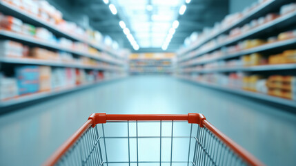 A perfectly aligned supermarket aisle with an empty shopping cart in the foreground, symbolizing anticipation and the start of a shopping experience.