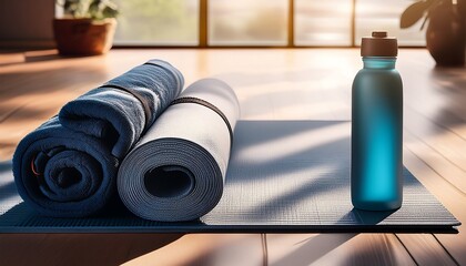 A yoga mat with neatly rolled towels and a water bottle.