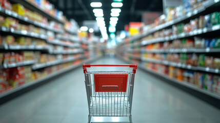 A meticulously arranged supermarket aisle with a shopping cart in the center, empty yet ready to be filled with groceries and household necessities.