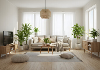 Fototapeta premium Bright, cozy living room with natural light, lush plants, and soft textures, creating an inviting modern sanctuary.