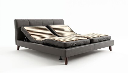 Modern adjustable bed frame with slatted base, headboard, footboard. Bedroom furniture, comfort sleeping. Motorized bed elevates head, feet. Ergonomic design for back support. Luxury home decor,