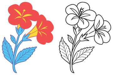 Vibrant Red Flowers with Blue Leaves and a Black and White Outline for Coloring