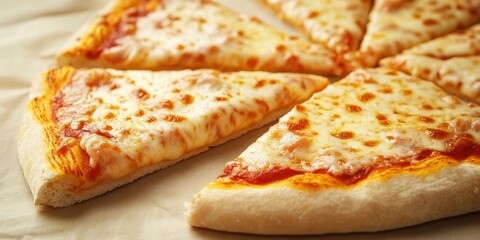 Freshly baked cheese pizza slices arranged on a wooden surface ready to be served at a casual gathering