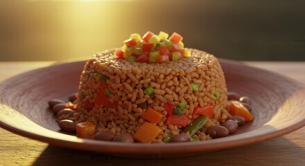 Rice and Bean Meal with Vegetables Served on Plate at Sunset