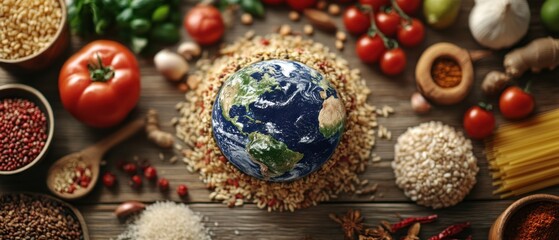 Fototapeta premium The Earth surrounded by various kinds of natural wholesome foods