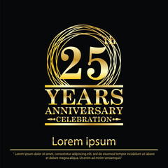 25th years anniversary celebration emblem. elegant golden anniversary logo isolated with ring on black background. vector illustration template design for web, flyers, poster, greeting card	